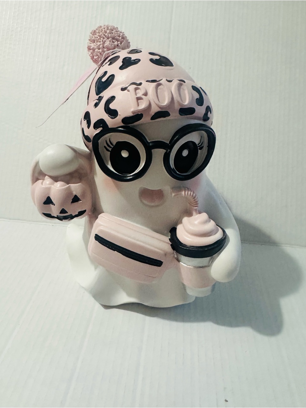 Ghost Halloween Decor with Leopard Beanie, Glasses, Pumpkin & Drink bnwt